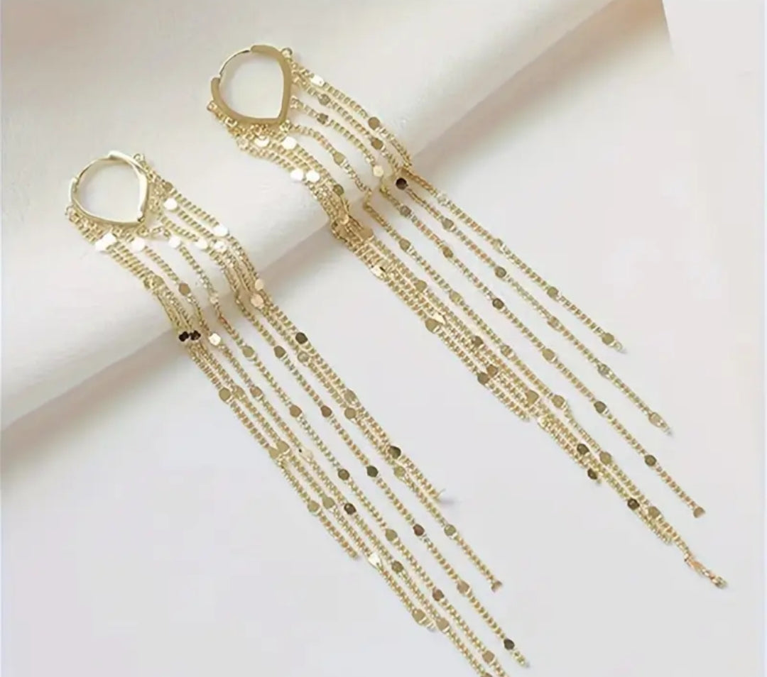 Long gold-toned fringe earring