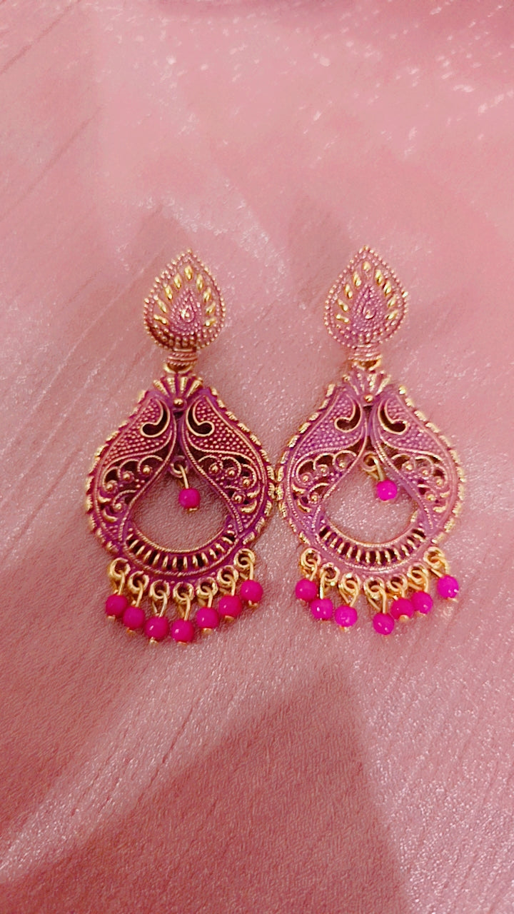 Hot Pink Meenakari Filigree Dangler Earrings