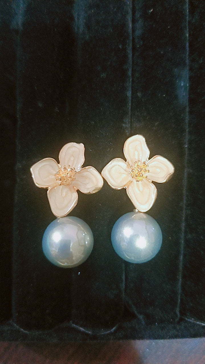 Enamel Flower and Pearl Drop Earrings