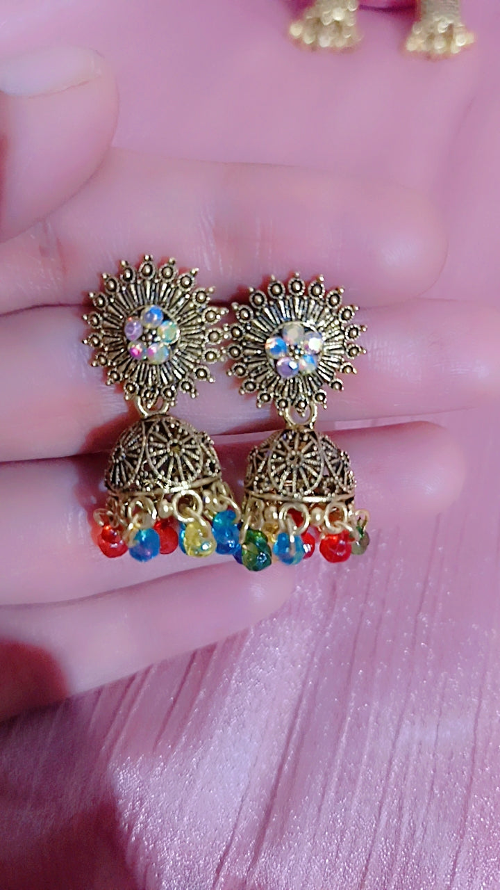 Antique Gold-Tone Jhumka Earrings with Multicolor Droplets