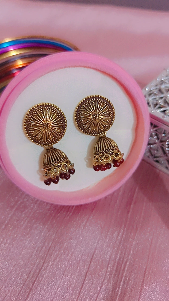 Oxidized Filigree Jhumka with Deep Maroon Beads