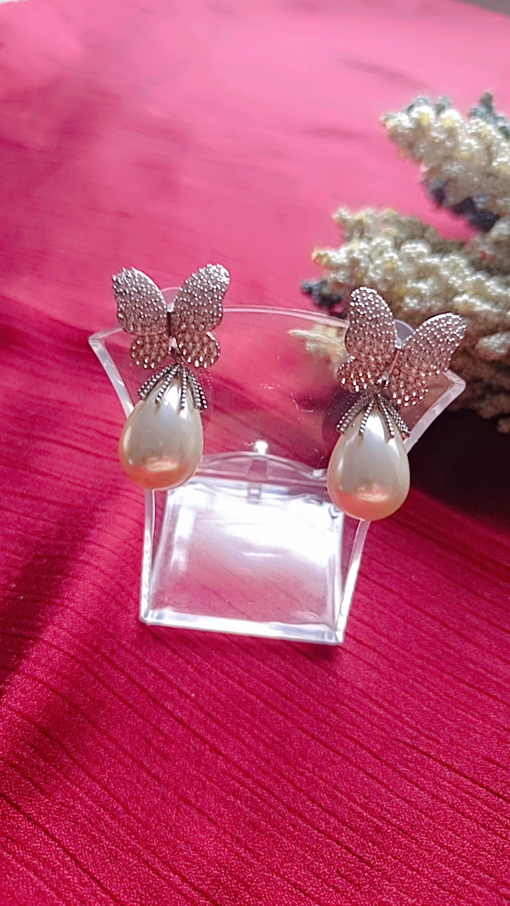 Pave Butterfly Pearl Drop Earrings