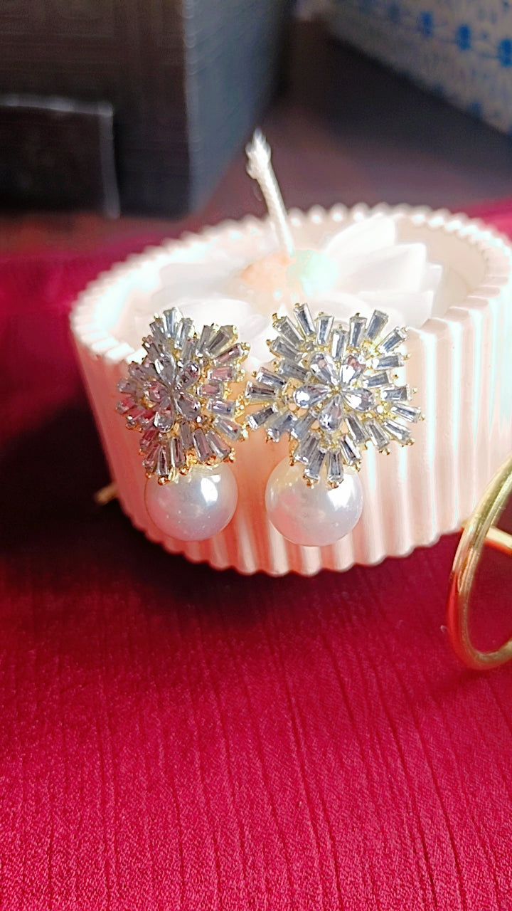 Snowflake Stud Pearl Drop Earrings