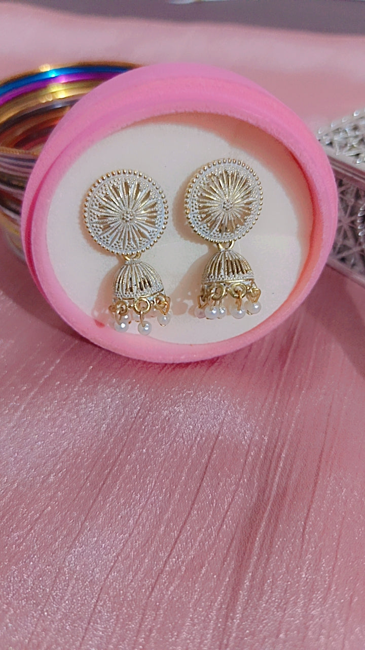 Oxidized Filigree Jhumka with white Beads