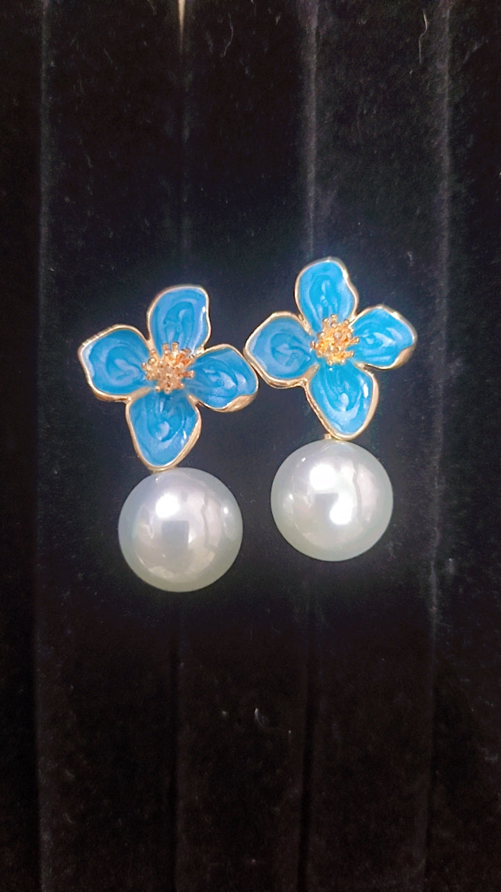 Enamel Flower and Pearl Drop Earrings