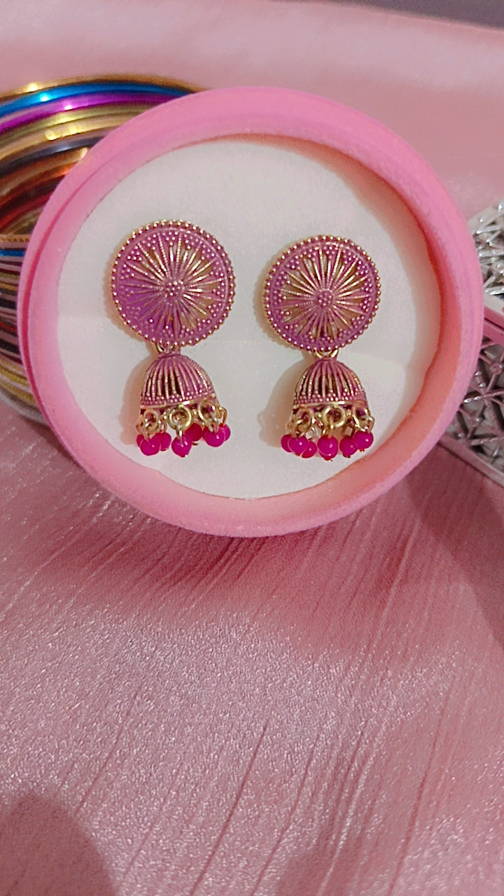 Oxidized Filigree Jhumka Hot Pink Beads