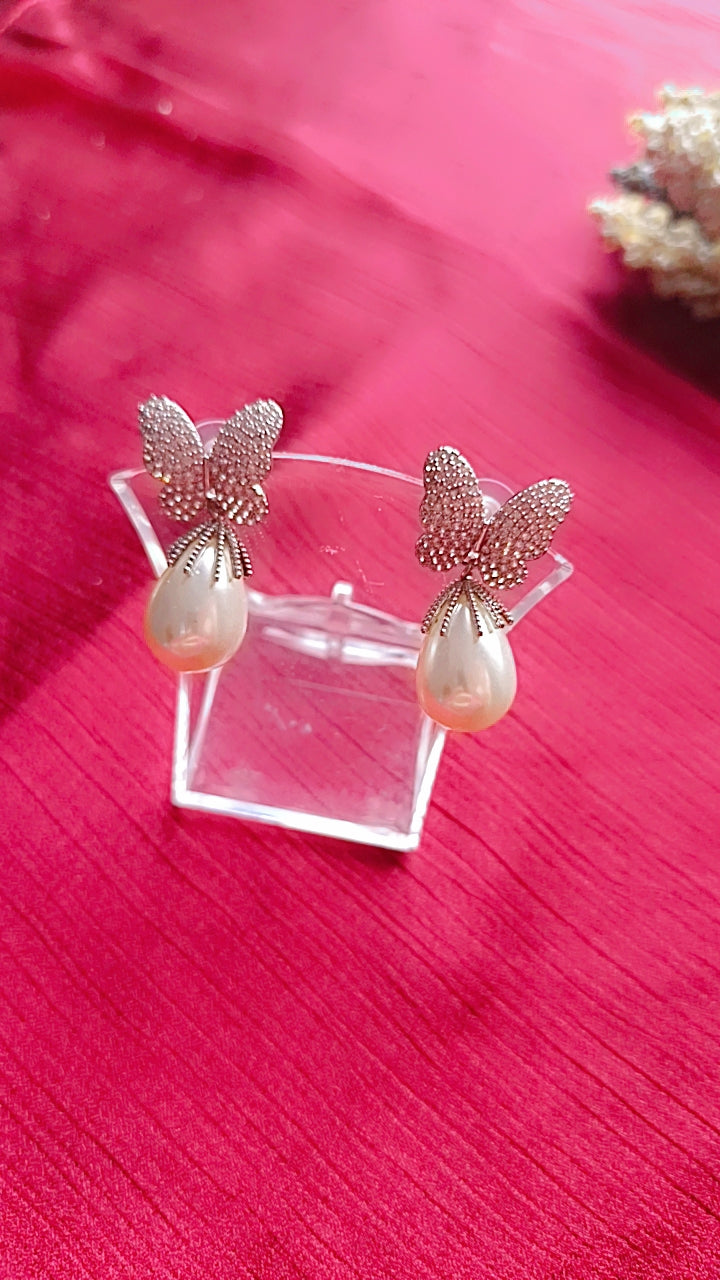 Pave Butterfly Pearl Drop Earrings