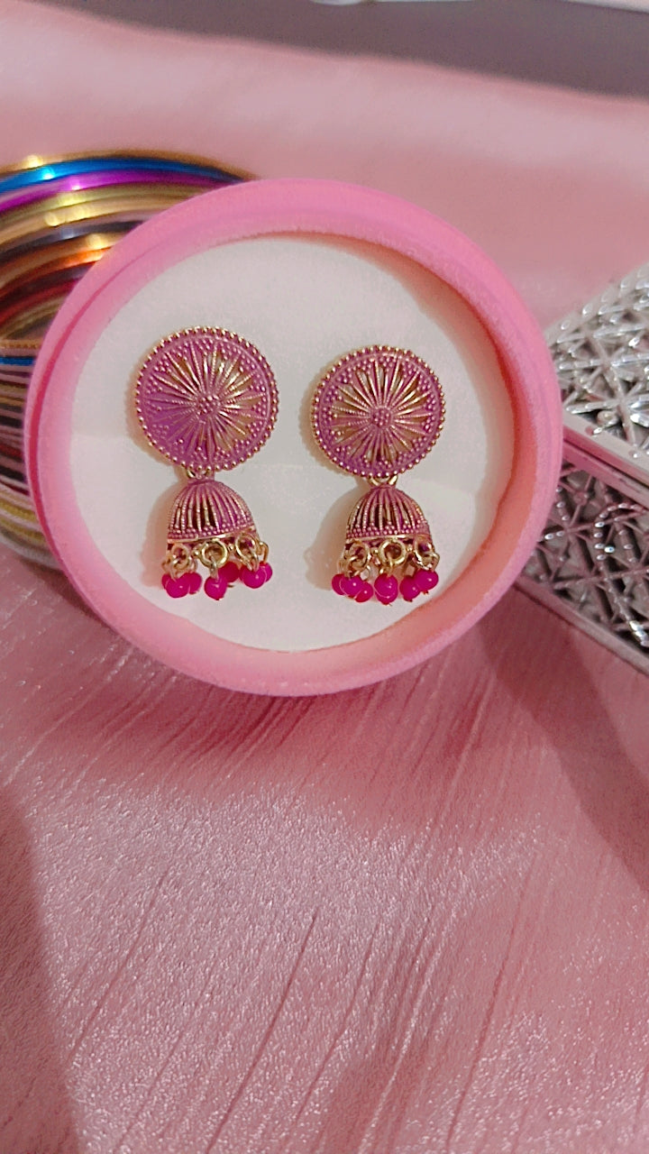 Oxidized Filigree Jhumka Hot Pink Beads