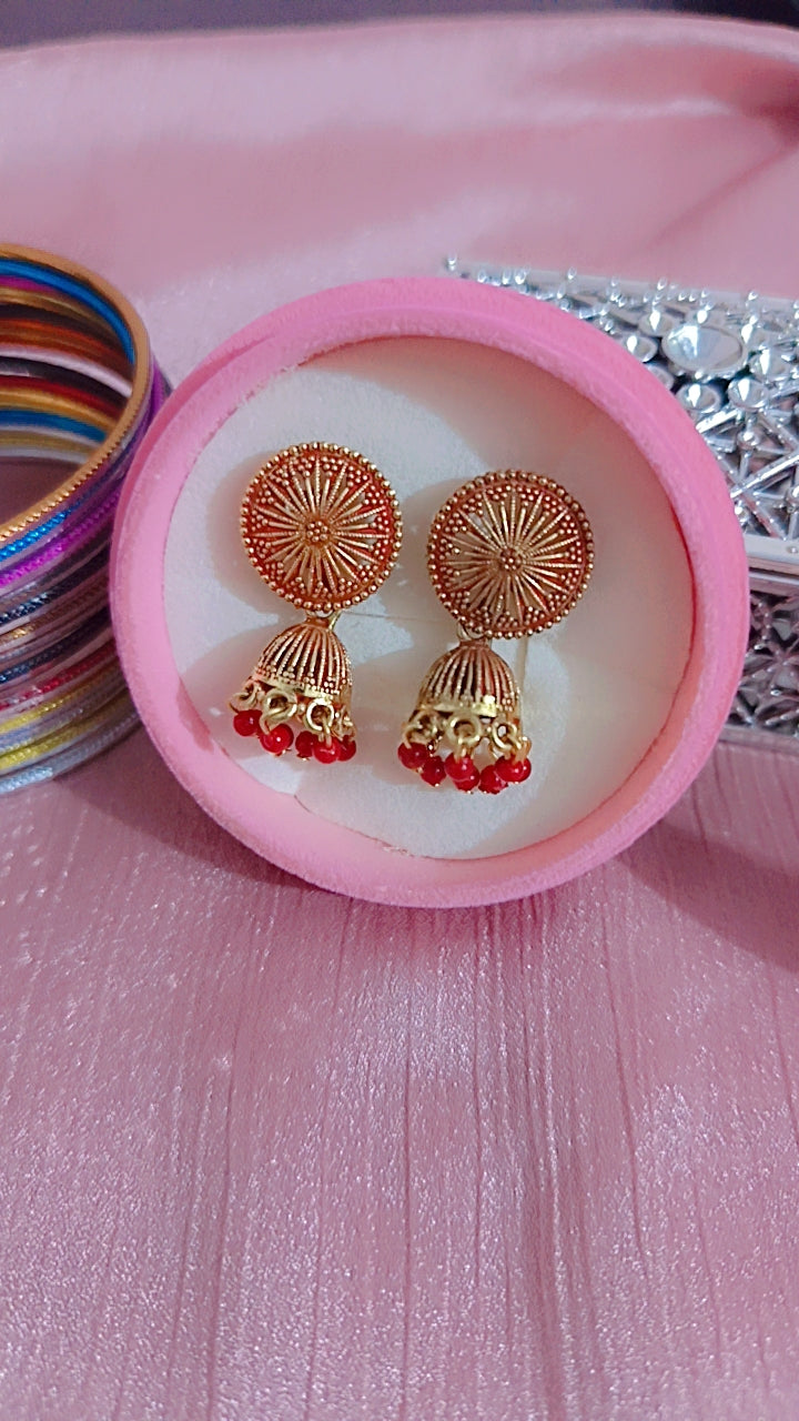 Oxidized Filigree Jhumka with Bright Red Beads