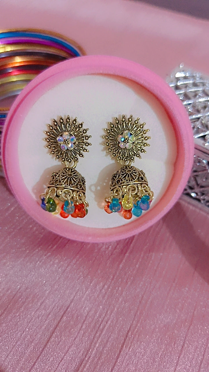 Antique Gold-Tone Jhumka Earrings with Multicolor Droplets