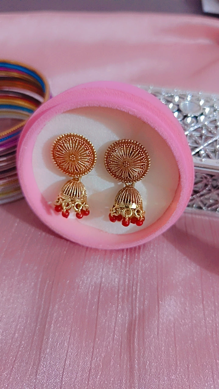 Oxidized Filigree Jhumka with Bright Red Beads