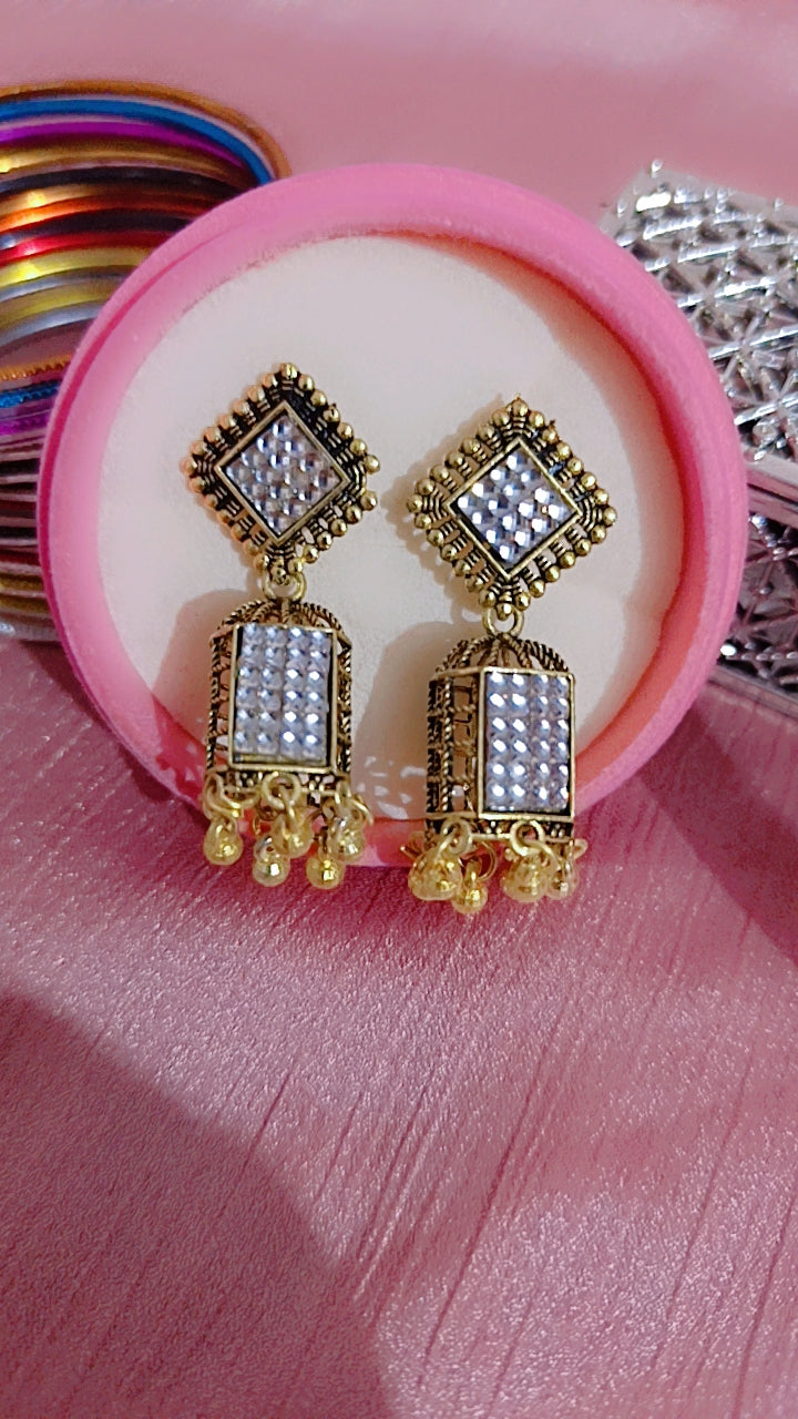 Oxidized Geometric Cage Jhumka with Rhinestone Embellishment