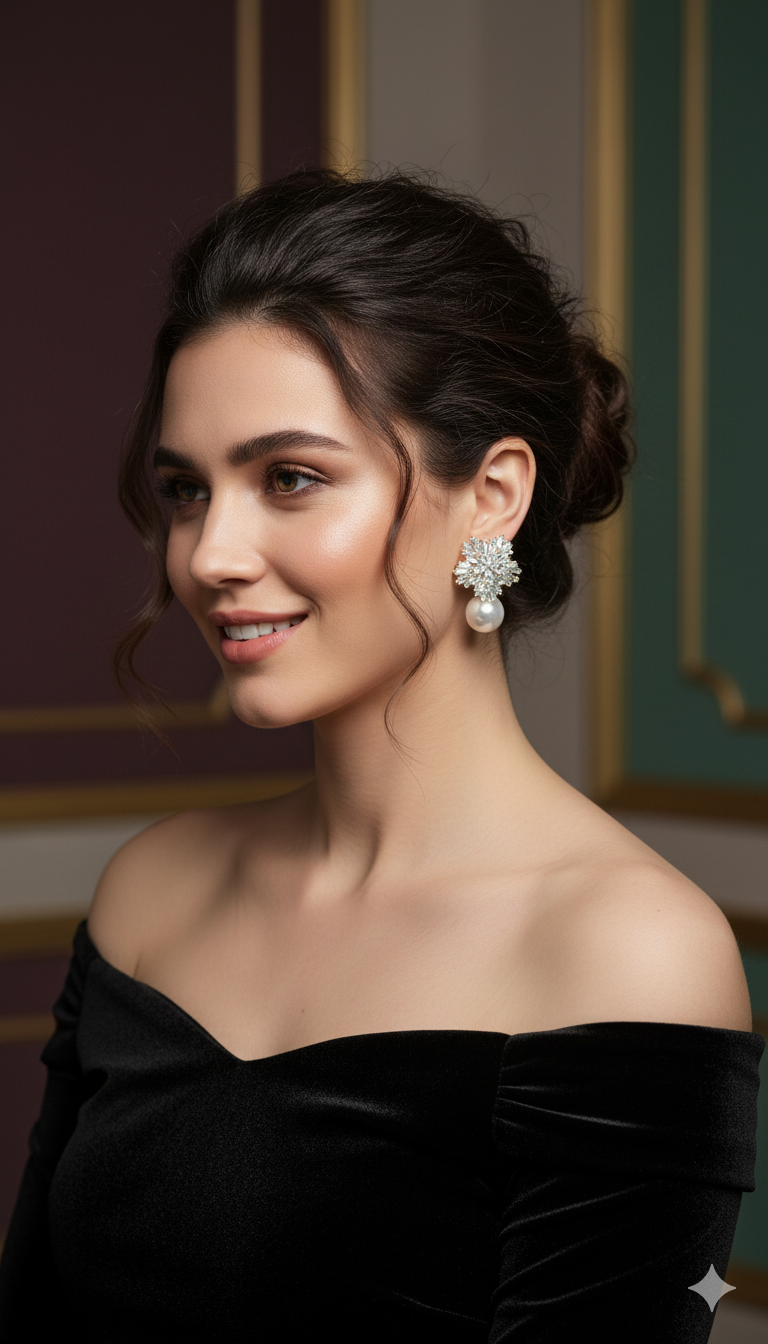 Snowflake Stud Pearl Drop Earrings