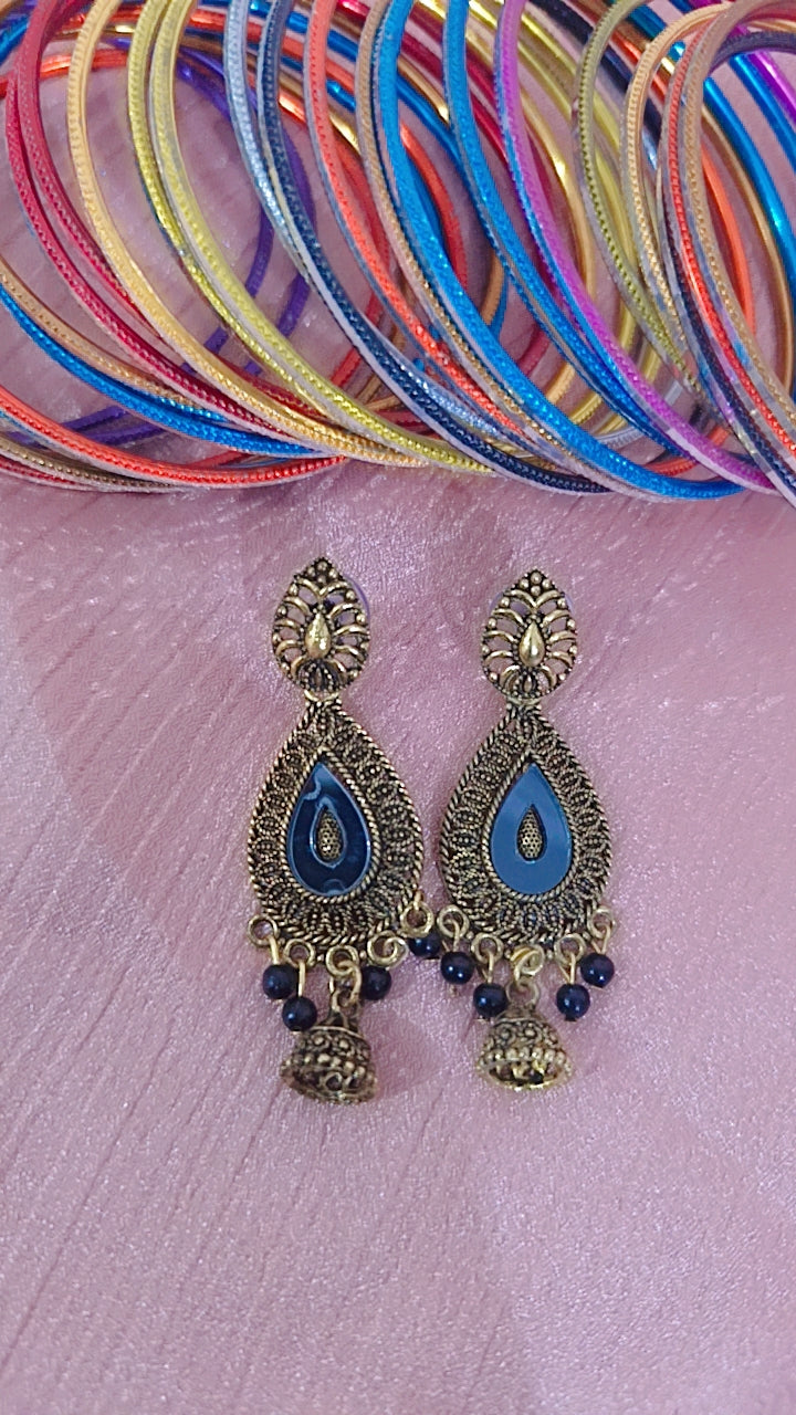 Gray Blue Enamel Teardrop Earrings with Jhumki Drop