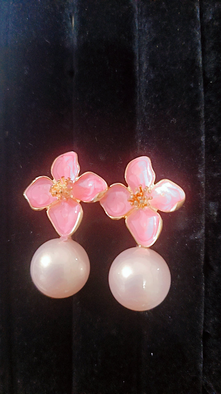 Enamel Flower and Pearl Drop Earrings