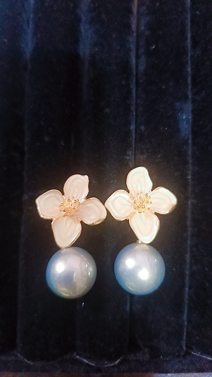 Enamel Flower and Pearl Drop Earrings