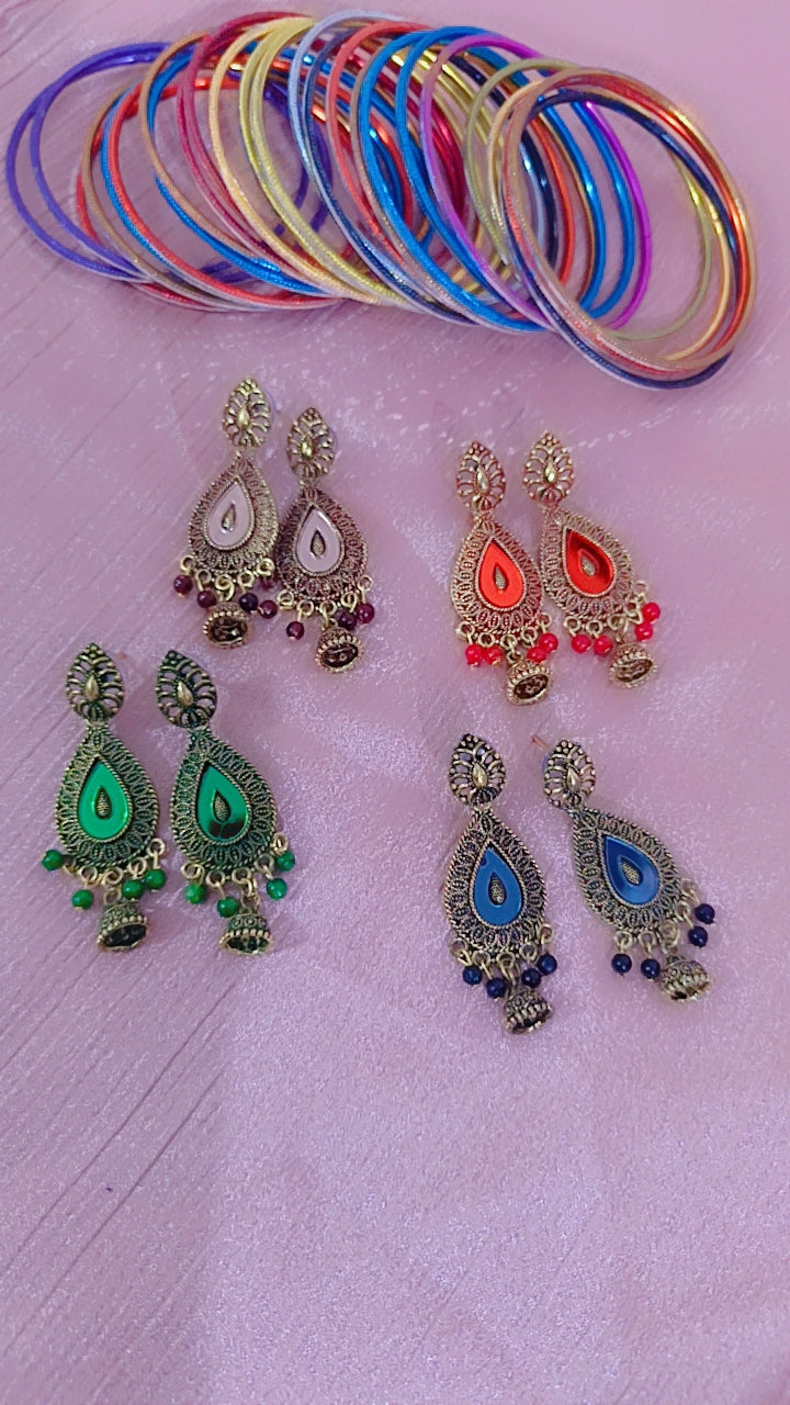 Maroon Enamel Teardrop Earrings with Jhumki Drop