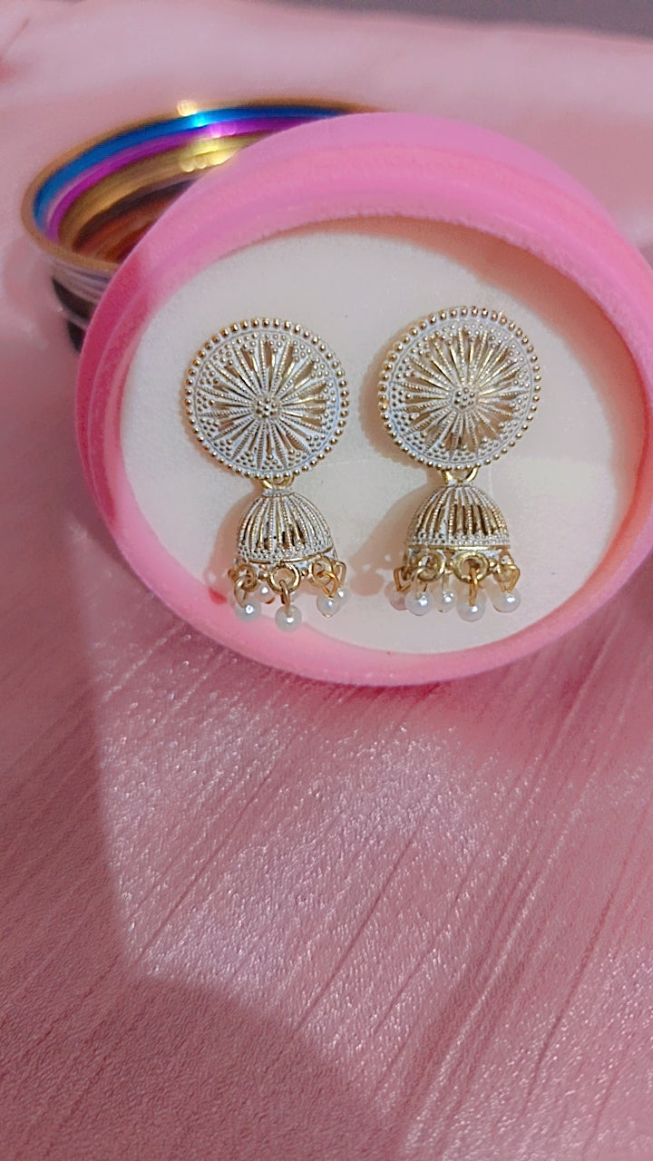 Oxidized Filigree Jhumka with white Beads