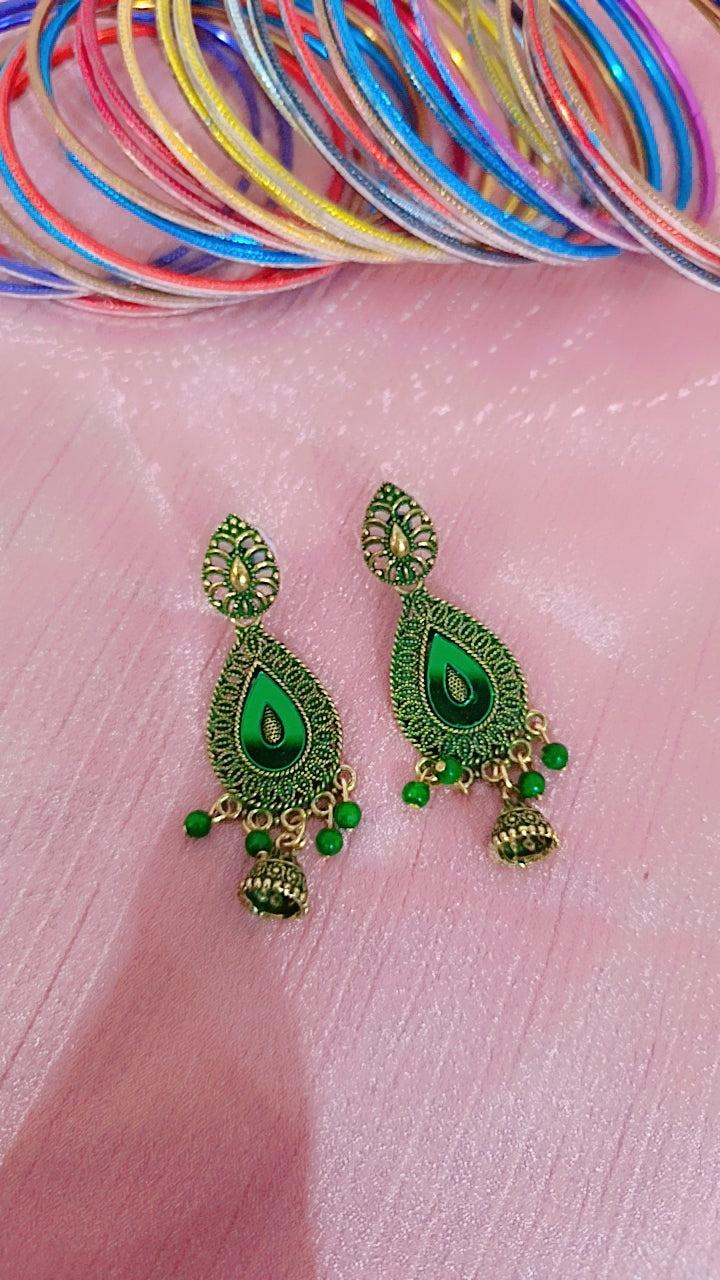 Green Enamel Teardrop Earrings with Jhumki Drop