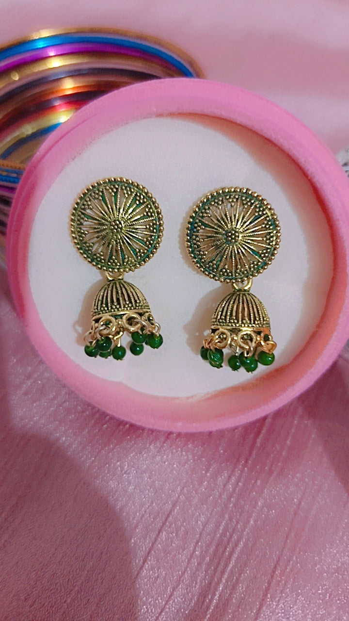 Oxidized Filigree Jhumka with Green Beads