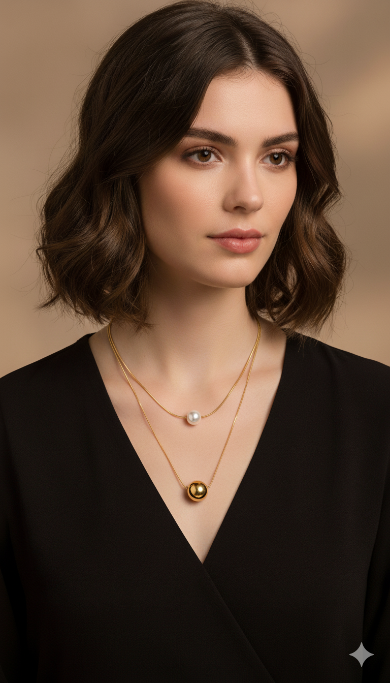 Gold Double-Layer Sphere and Pearl/Opal Necklace