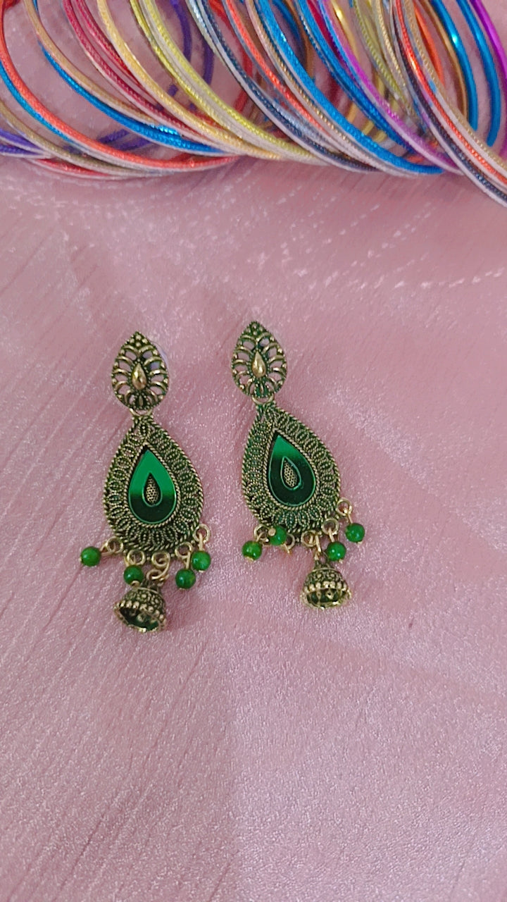 Green Enamel Teardrop Earrings with Jhumki Drop