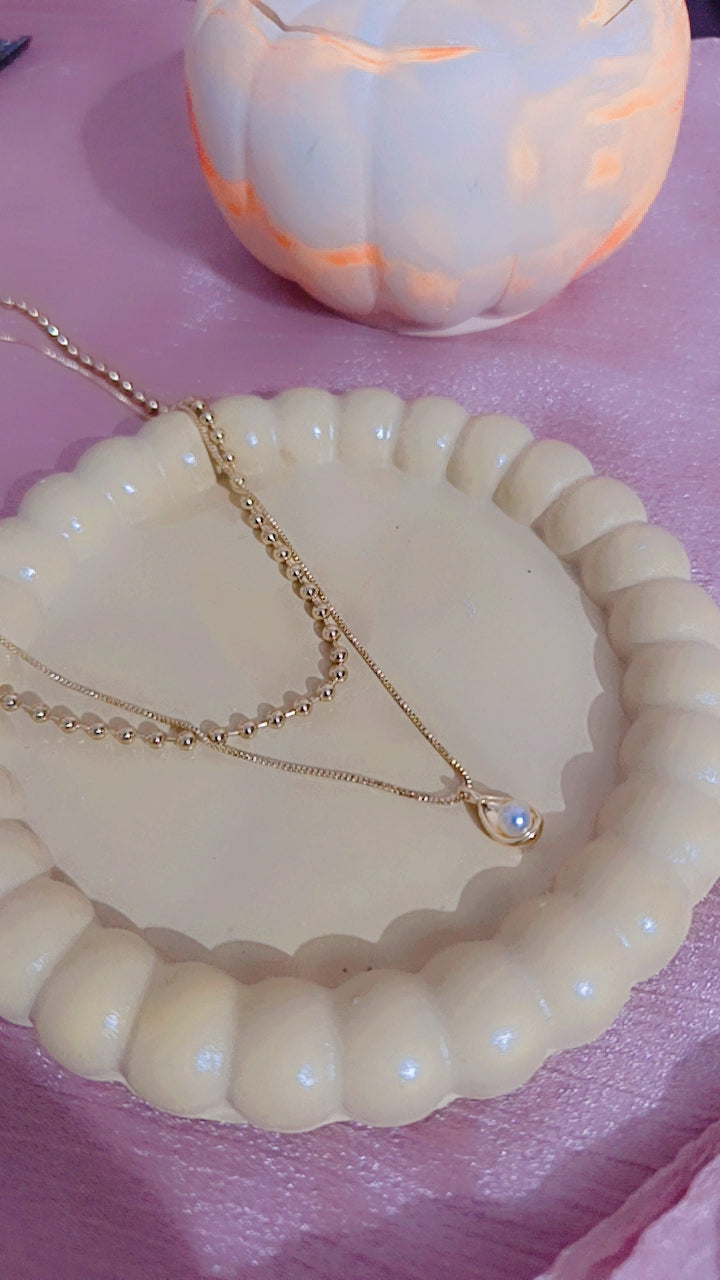Dainty Layered Gold Necklace with Bead Chain and Pearl Drop Pendant