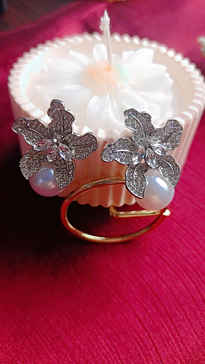 Rhinestone Flower and Pearl Drop Earrings