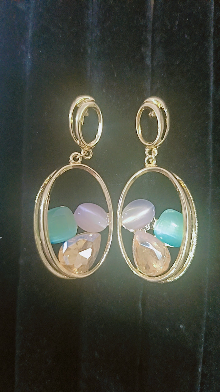 Gemstone Cluster Hoop Drop Earrings