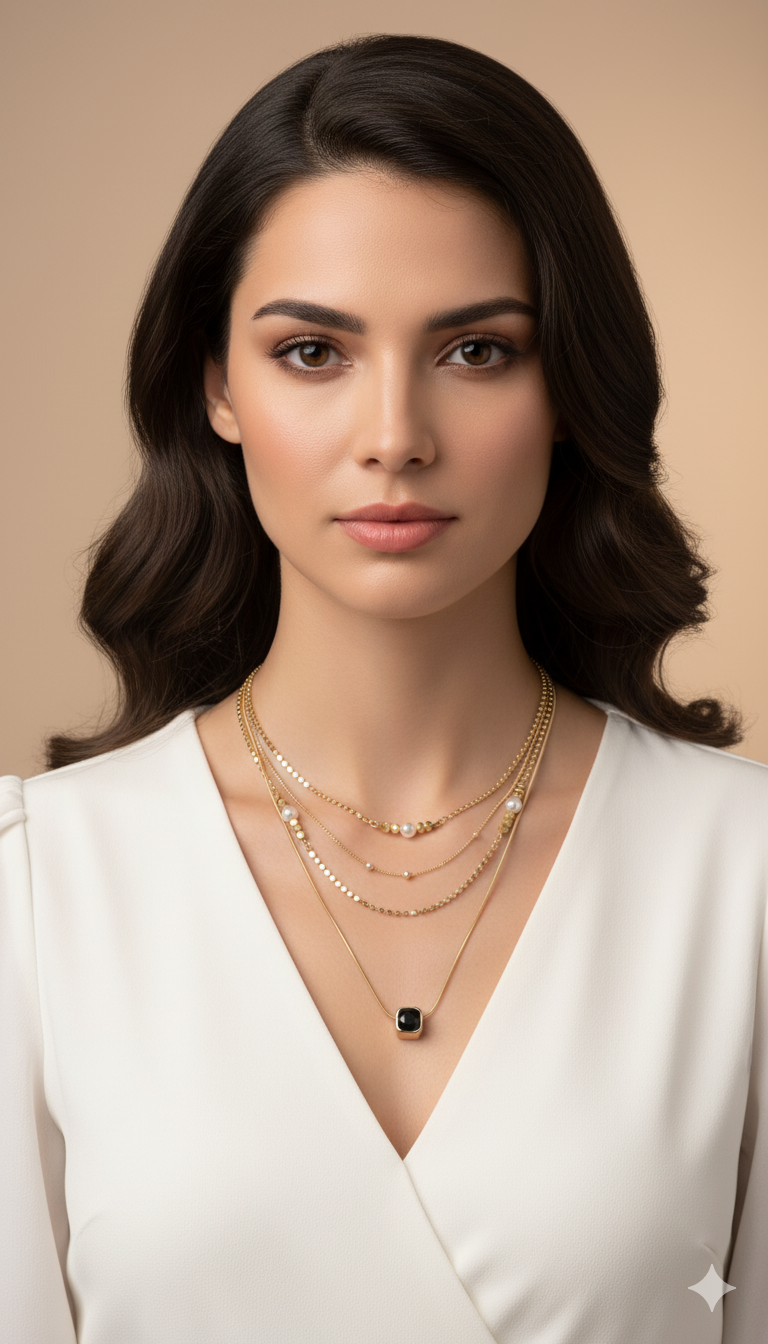 Double Layered Gold Necklace with a Dark Square Pendant and Opal-Look Accents.