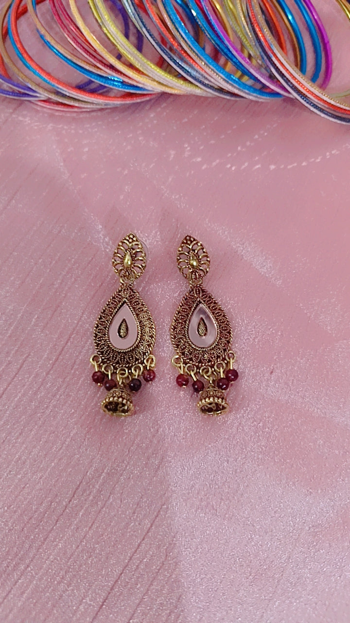 Maroon Enamel Teardrop Earrings with Jhumki Drop