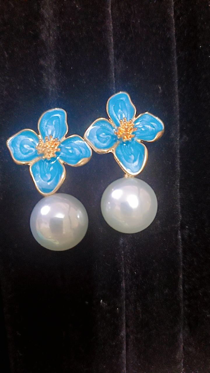 Enamel Flower and Pearl Drop Earrings