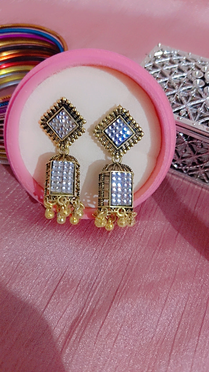 Oxidized Geometric Cage Jhumka with Rhinestone Embellishment