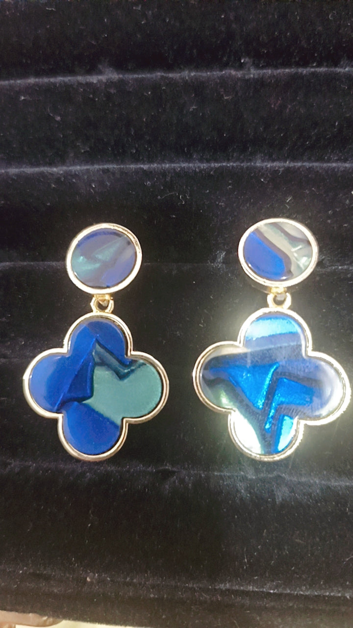Blue Enamel Clover Drop Earrings