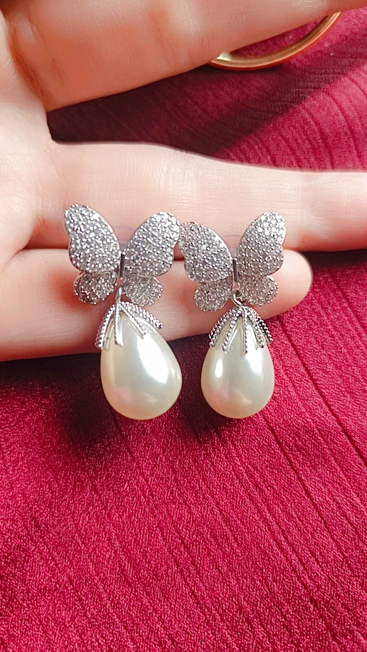Pave Butterfly Pearl Drop Earrings
