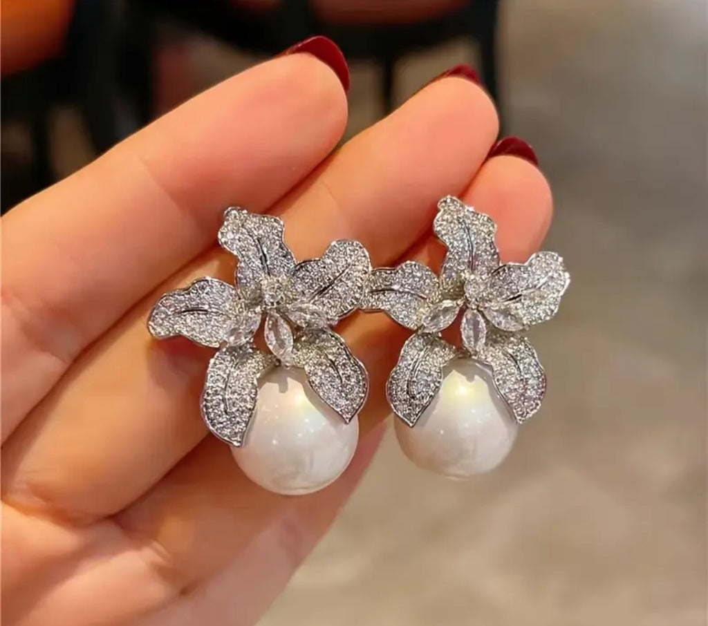 Rhinestone Flower and Pearl Drop Earrings