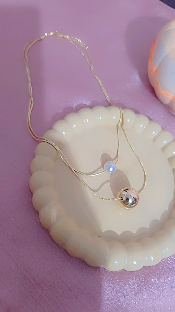 Gold Double-Layer Sphere and Pearl/Opal Necklace