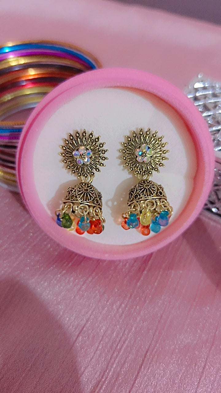 Antique Gold-Tone Jhumka Earrings with Multicolor Droplets