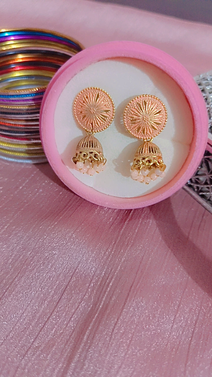 Oxidized Filigree Jhumka with peachy pink Beads