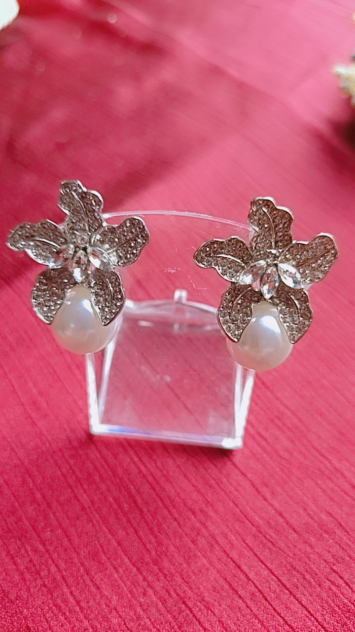 Rhinestone Flower and Pearl Drop Earrings