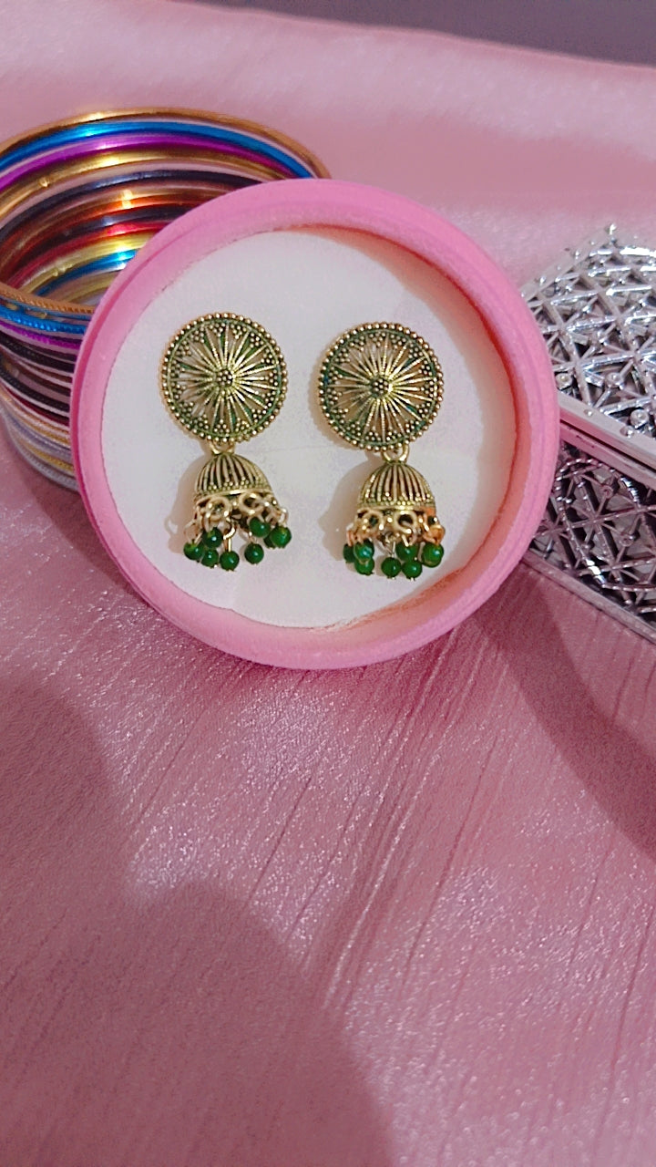Oxidized Filigree Jhumka with Green Beads