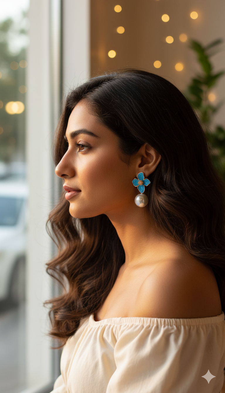 Enamel Flower and Pearl Drop Earrings