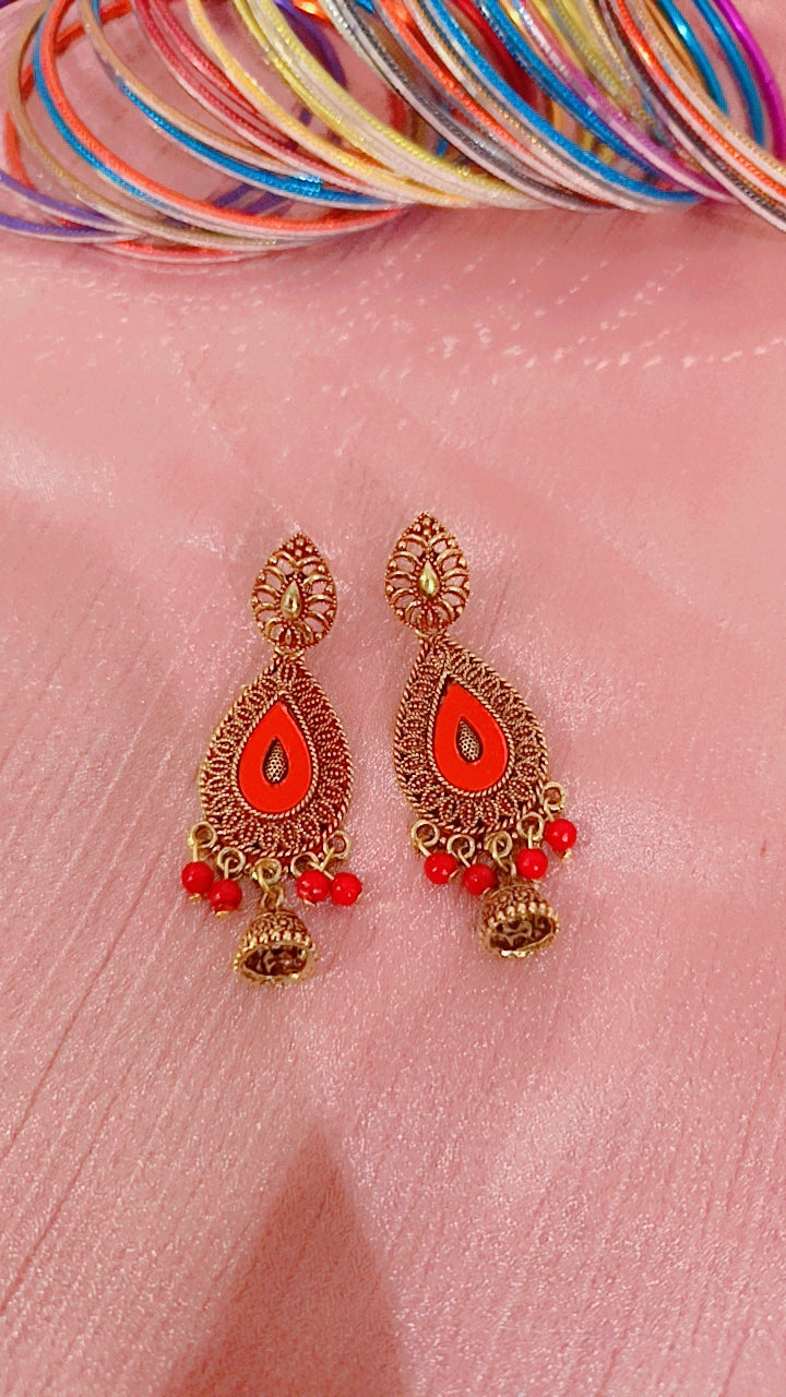 Red Enamel Teardrop Earrings with Jhumki Drop