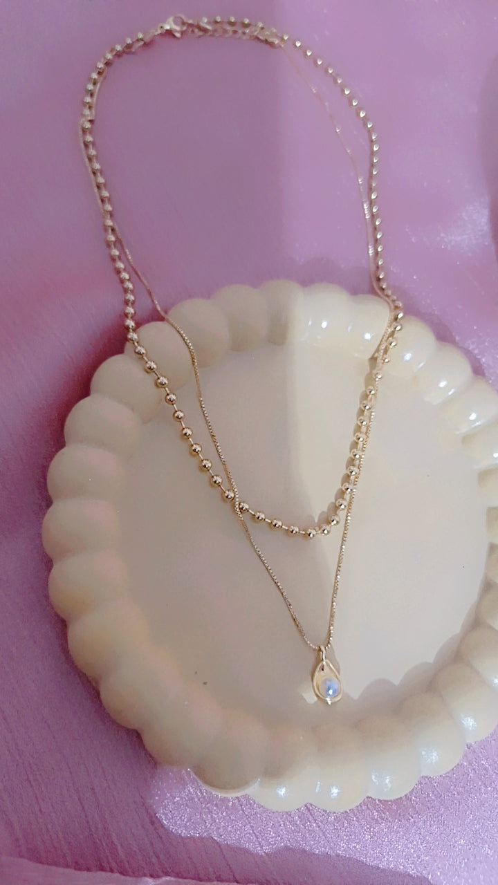 Dainty Layered Gold Necklace with Bead Chain and Pearl Drop Pendant