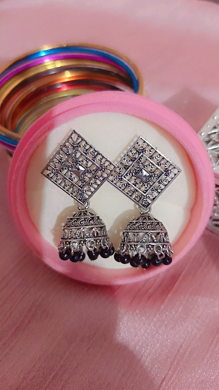 Oxidized Silver-Tone Filigree Jhumka Earrings with Black Beads