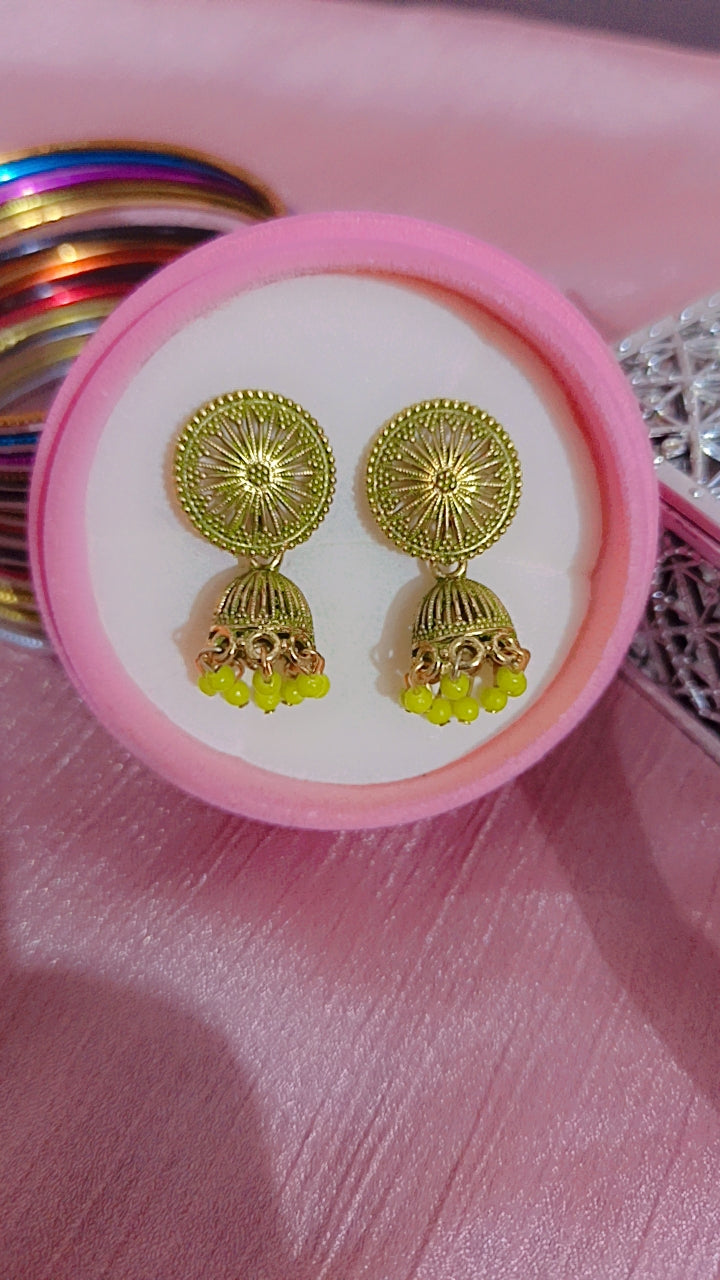 Oxidized Filigree Jhumka with Neon Yellow Beads