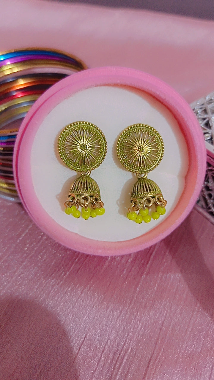 Oxidized Filigree Jhumka with Neon Yellow Beads