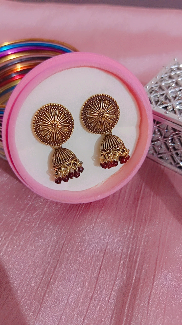 Oxidized Filigree Jhumka with Deep Maroon Beads