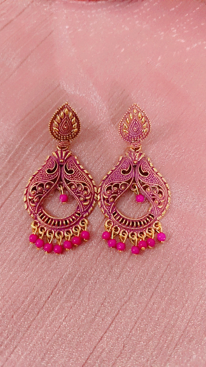 Hot Pink Meenakari Filigree Dangler Earrings
