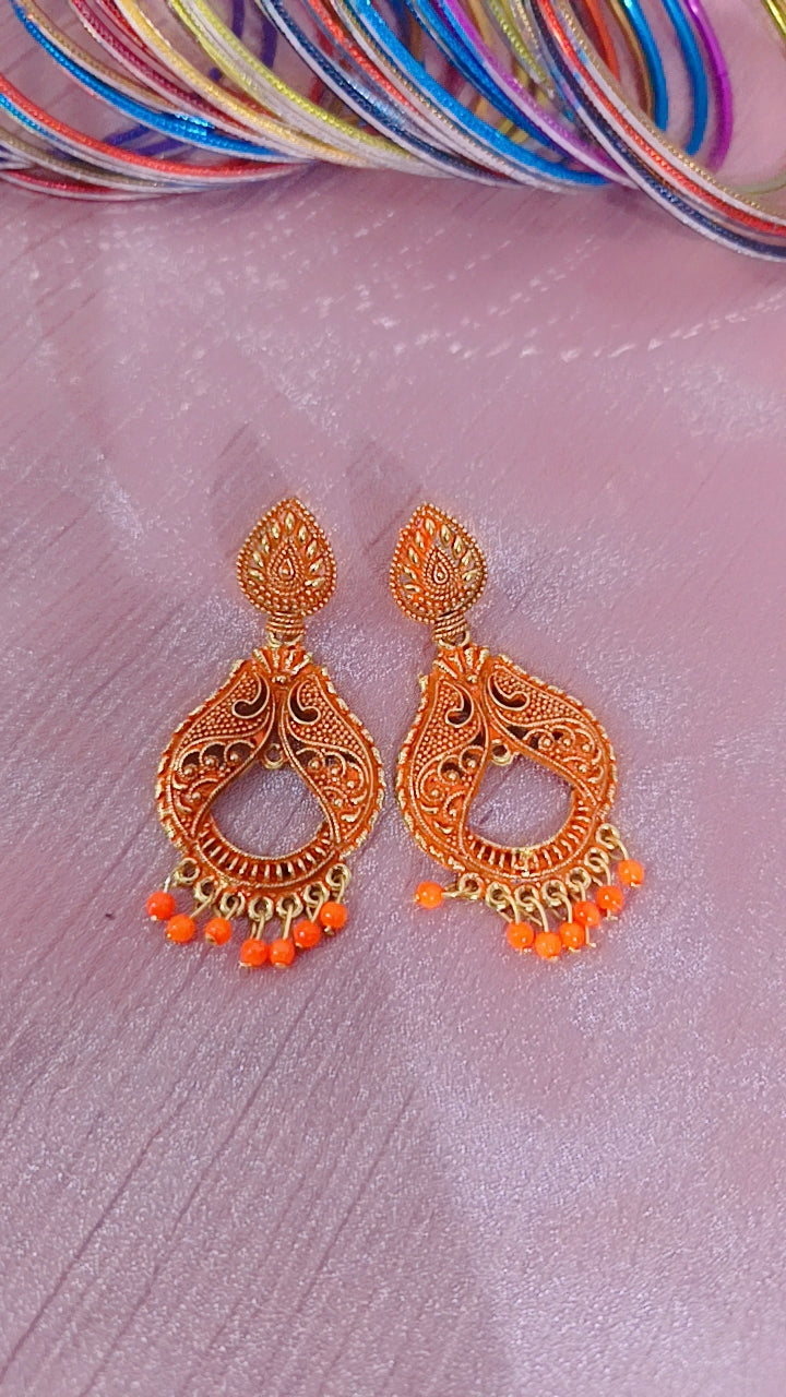 Orange Meenakari Filigree Dangler Earrings